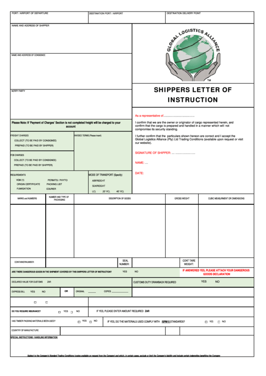 Sample Shippers Letter Of Instruction Template printable pdf download