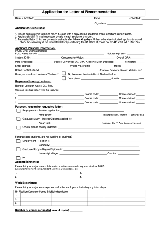 Application For Letter Of Recommendation Printable pdf