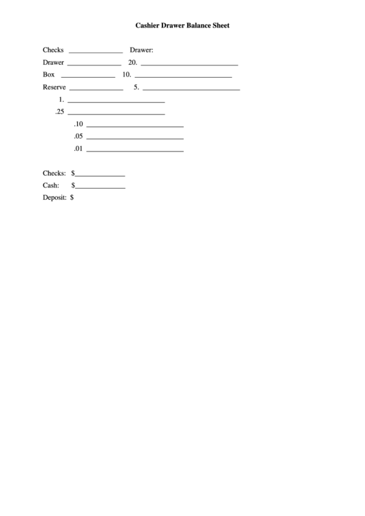 Fillable Cashier Drawer Blanace Sheet Printable pdf
