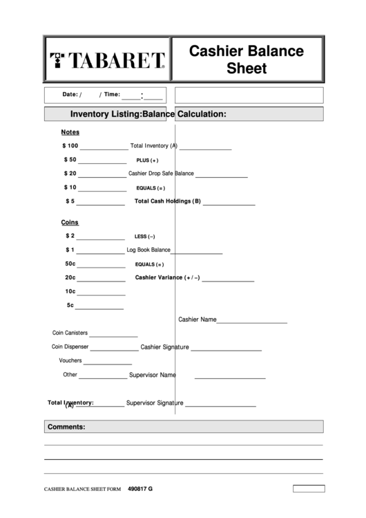 Cashier Balance Sheet Printable pdf