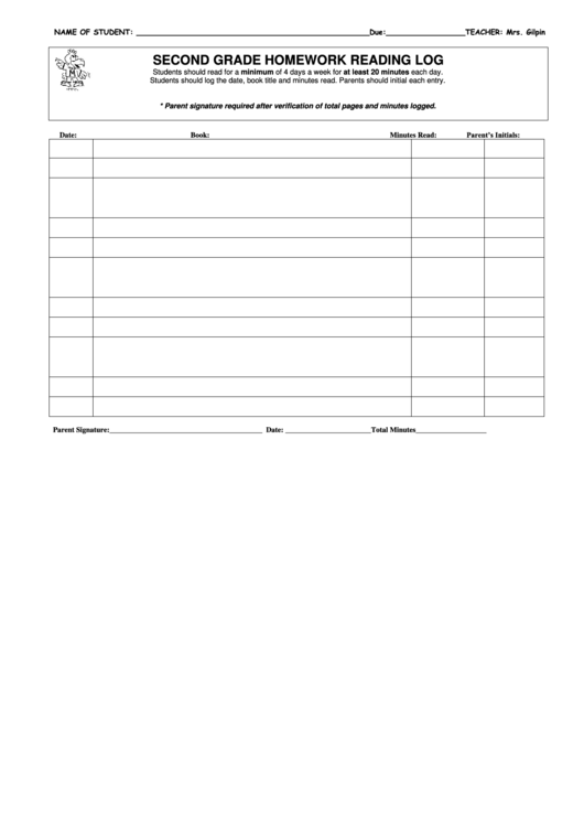 Second Grade Homework Reading Log Printable pdf