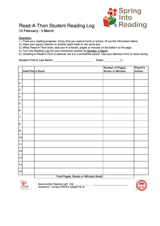 Read A Thon Student Reading Log Template Printable Pdf Download
