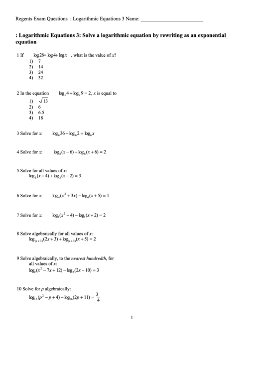 Logarithmic Equations Worksheet Printable pdf