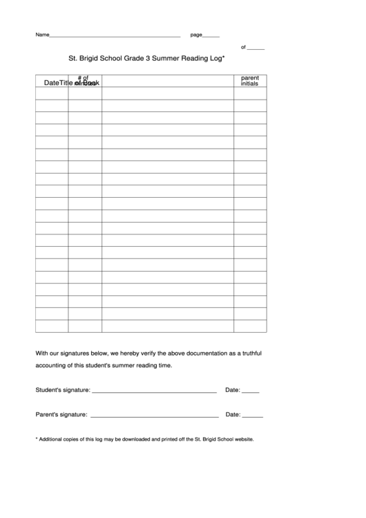 Grade 3 Summer Reading Log Template Printable pdf