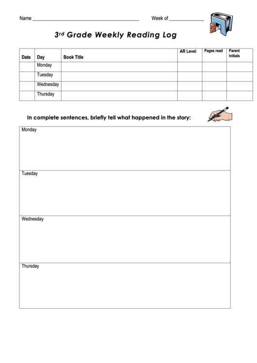 3rd Grade Weekly Reading Log Template Printable pdf