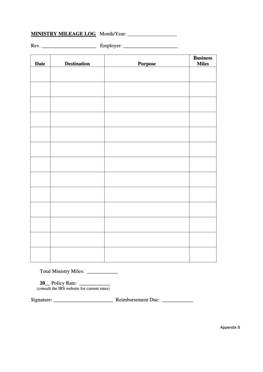 Fillable Ministry Mileage Log Template (Fillable) Printable pdf