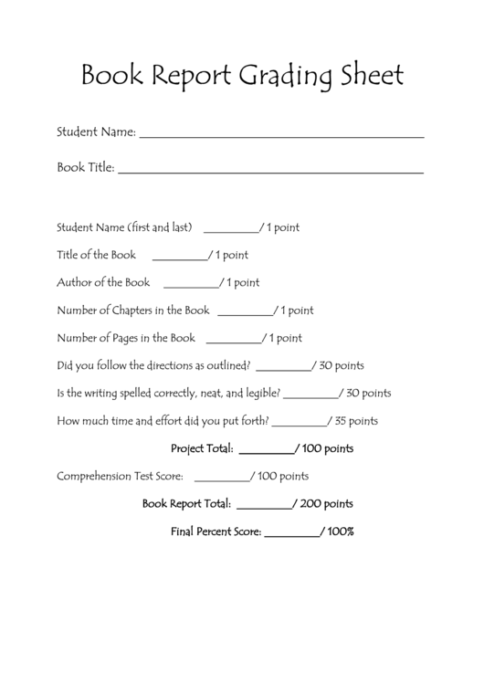 Book Report Grading Sheet Printable pdf