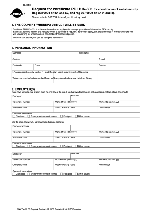Fillable Request For Certificate Pd U1/n-301 For Coordination Of Social Security Printable pdf