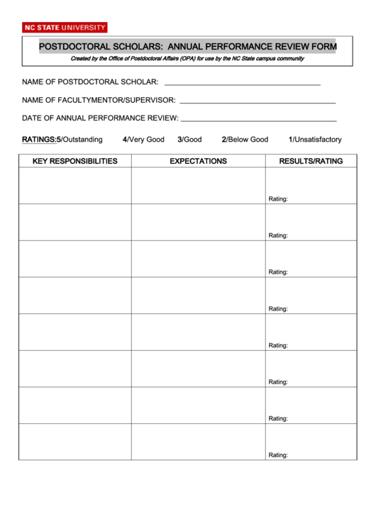 Fillable Postdoctoral Scholars: Annual Performance Review Form Printable pdf