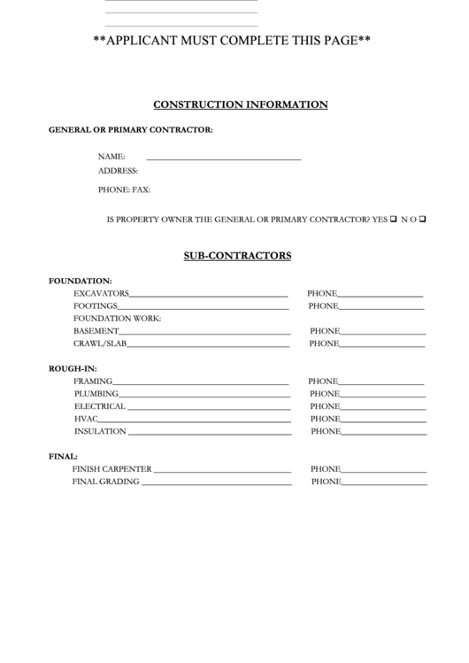 Sub-Contractor Form Printable pdf