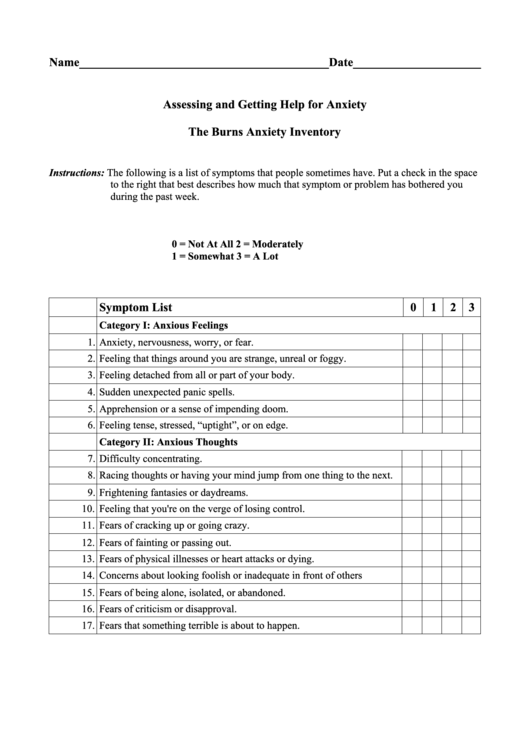 Anxiety Symptoms List Printable pdf