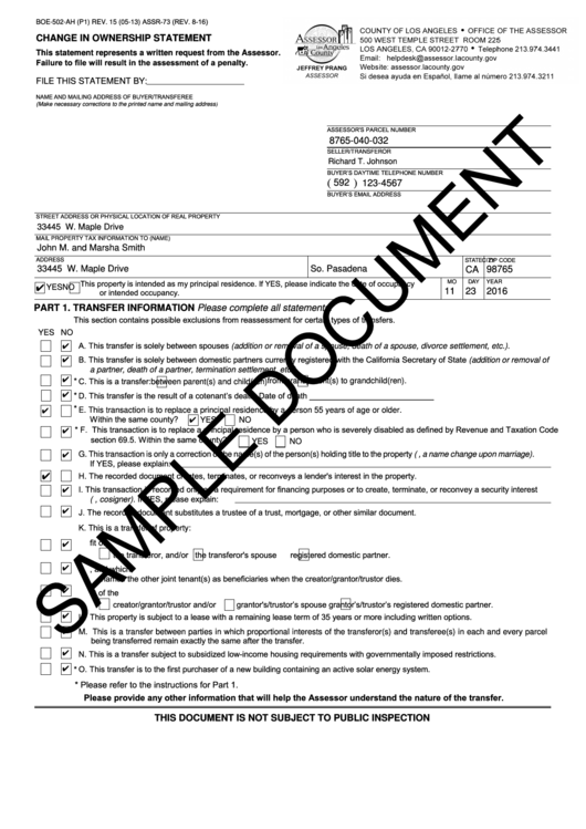Form Boe-502-ah - Change In Ownership Statement - 2016