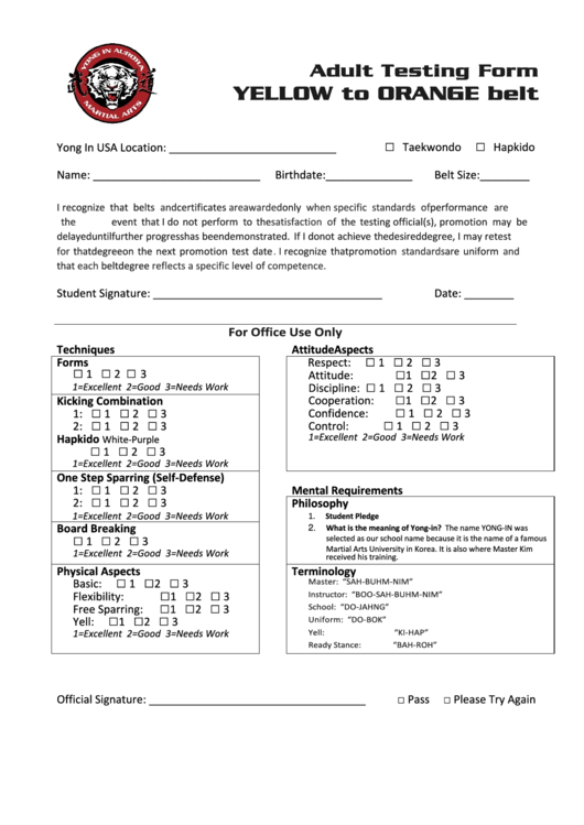Adult Testing Form Yellow To Orange Belt Printable pdf