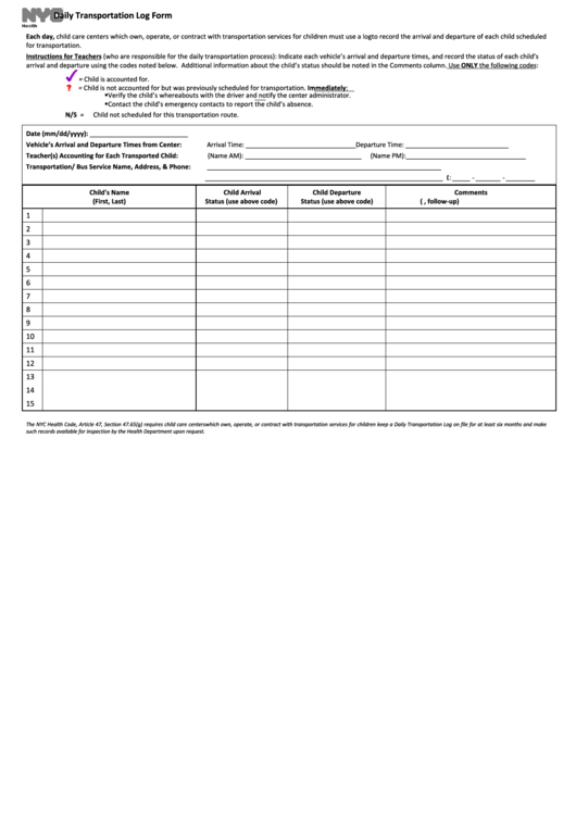 Fillable Daily Transportation Log Form Printable pdf