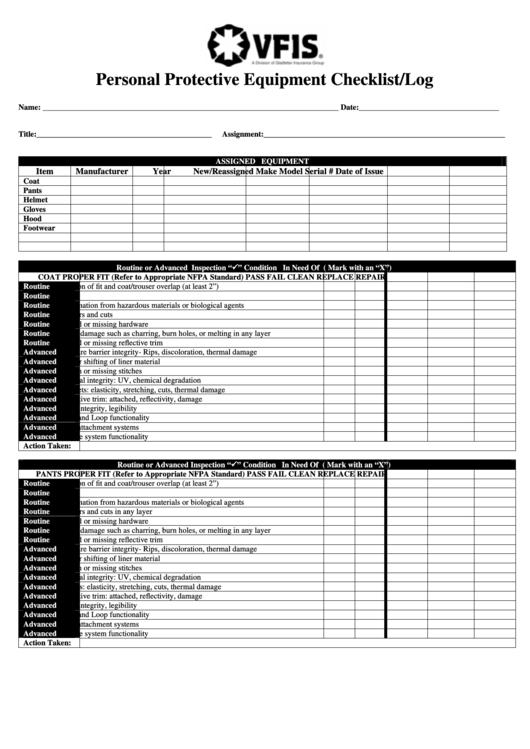 Personal Protective Equipment Checklist/log Template Printable pdf
