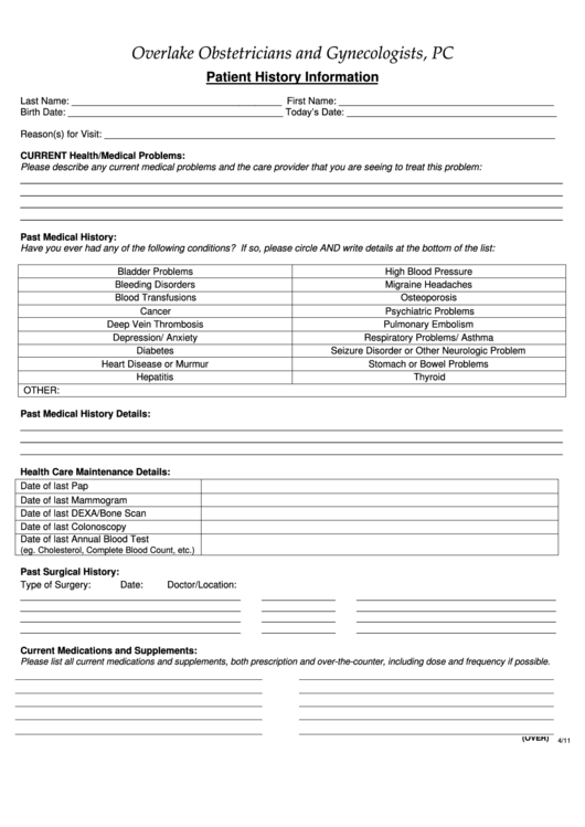 Patient History Information Form Printable pdf