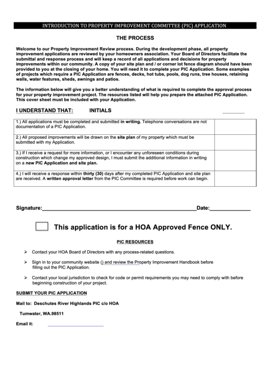 Property Improvement Committee (Pic) Application Form Printable pdf