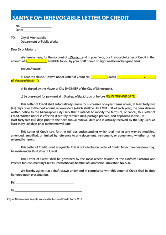 Sample Irrevocable Letter Of Credit Template