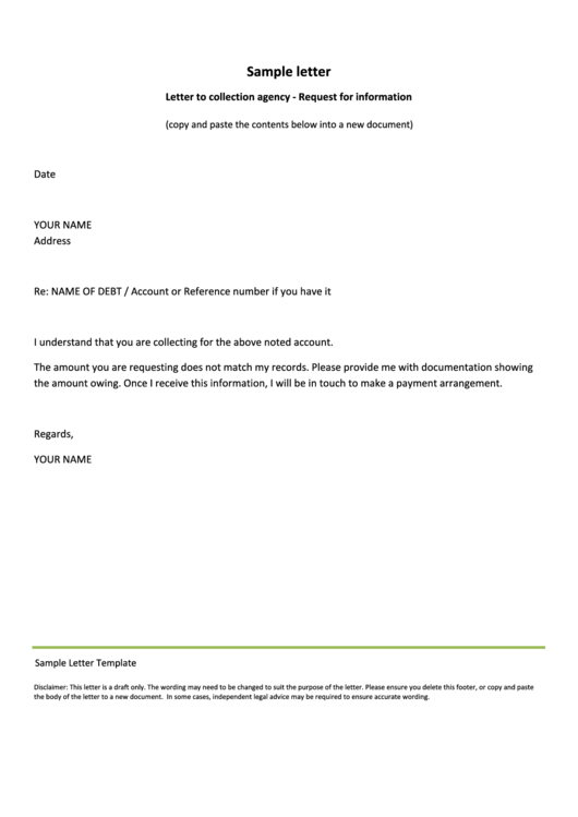 Sample Letter To Collection Agency - Request For Information Printable pdf