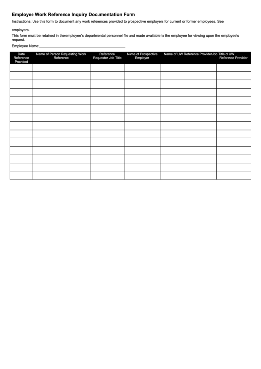 Employee Work Reference Inquiry Documentation Form Printable pdf