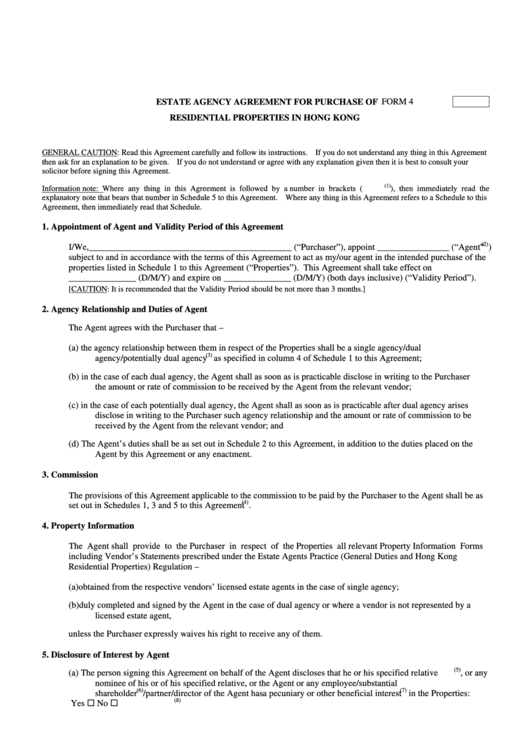 Form 4 - Estate Agency Agreement For Purchase Of Residential Properties In Hong Kong Printable pdf