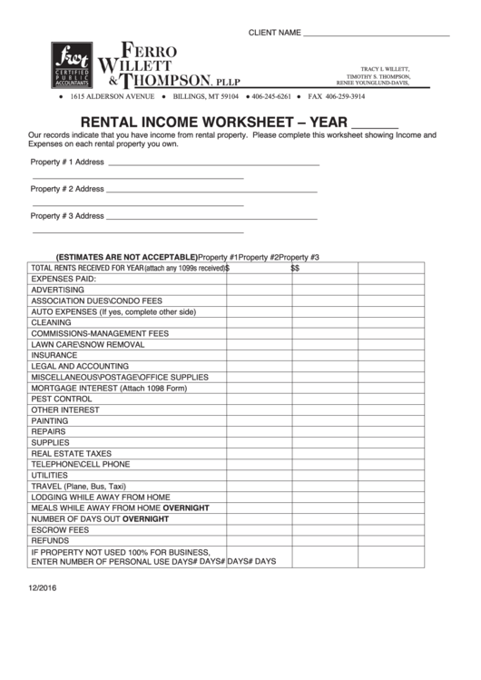 Fillable Rental Income Worksheet Template Printable pdf