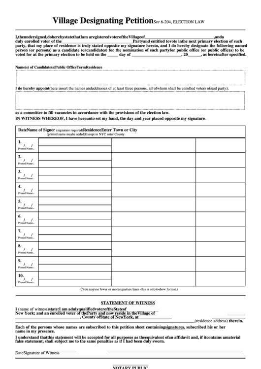 Village Designating Petition Template Printable pdf