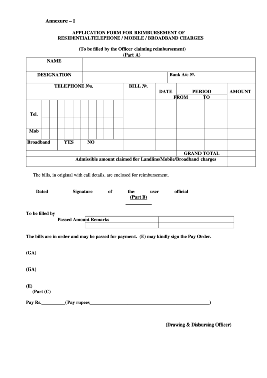 Application Form For Reimbursement Of Residential Telephone / Mobile / Broadband Charges Printable pdf