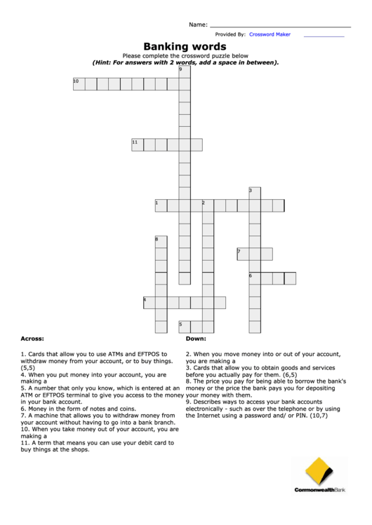 Banking Words Crossword Puzzle Template Printable pdf