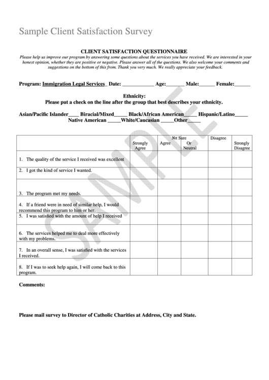 Sample Client Satisfaction Survey Template Printable pdf