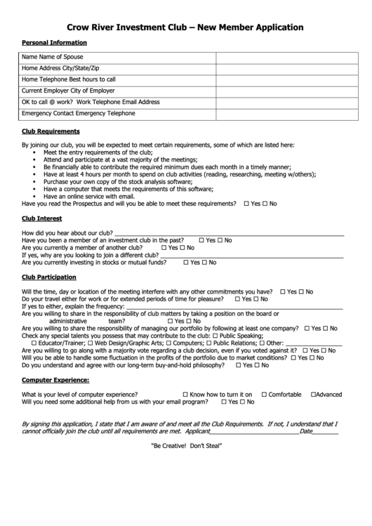 New Member Application Template Printable pdf