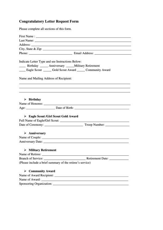 Congratulatory Letter Request Form - Girl Scout Printable pdf