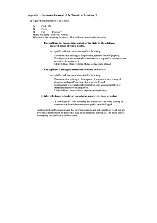 Transfer Of Residence Printable pdf