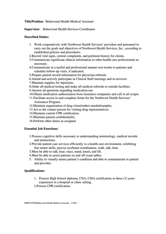 Job Description Behavioral Health Medical Assistant Printable Pdf Download