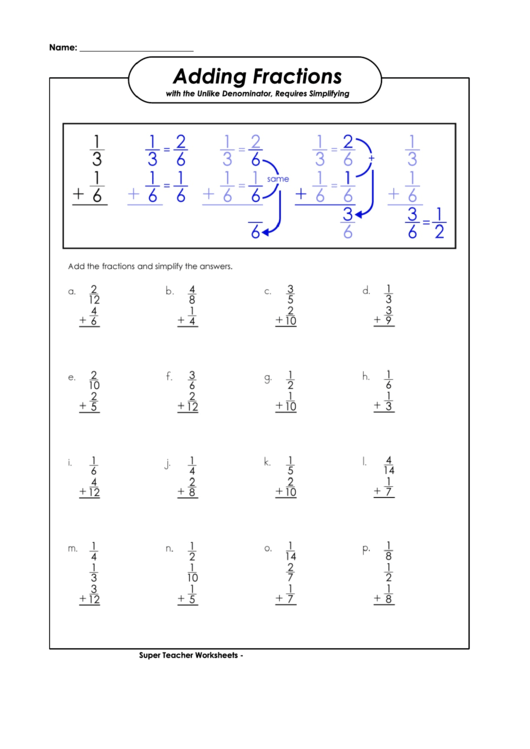Adding Fractions Worksheet Printable pdf
