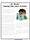 Dr. Seuss: Helping Kids Learn To Read Worksheet Printable pdf