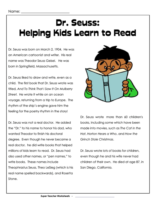 Dr. Seuss: Helping Kids Learn To Read Worksheet