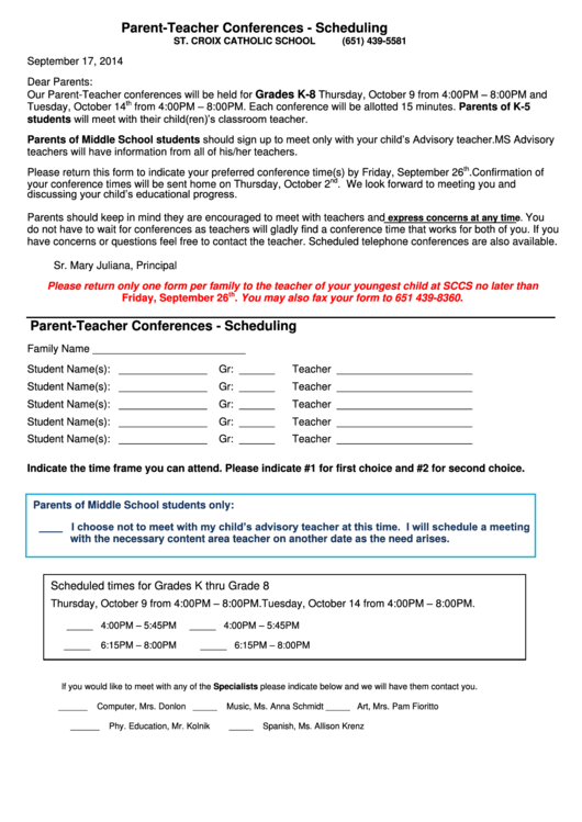 St. Croix Catholic School Parent-Teacher Conference Sign In Sheet Printable pdf