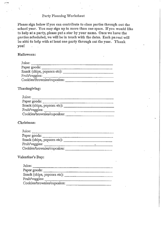 Party Planning Worksheet Template Printable pdf