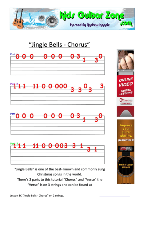Jingle Bells - Chorus (Guitar Fingering Chart) Printable pdf