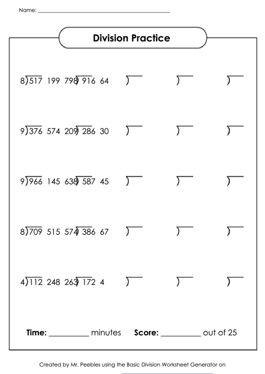 Division Practice Worksheet Printable pdf