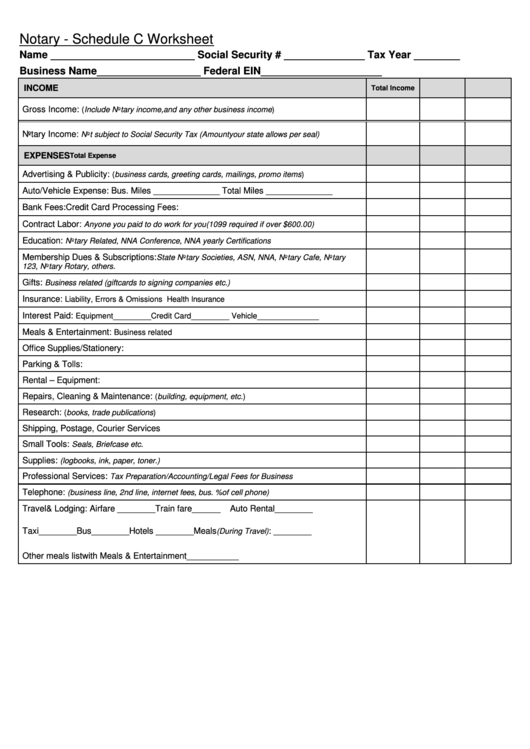 Schedule C Worksheet Printable pdf
