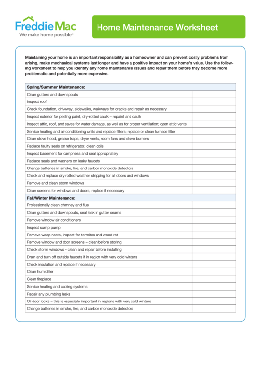 Home Maintenance Worksheet Template Printable pdf