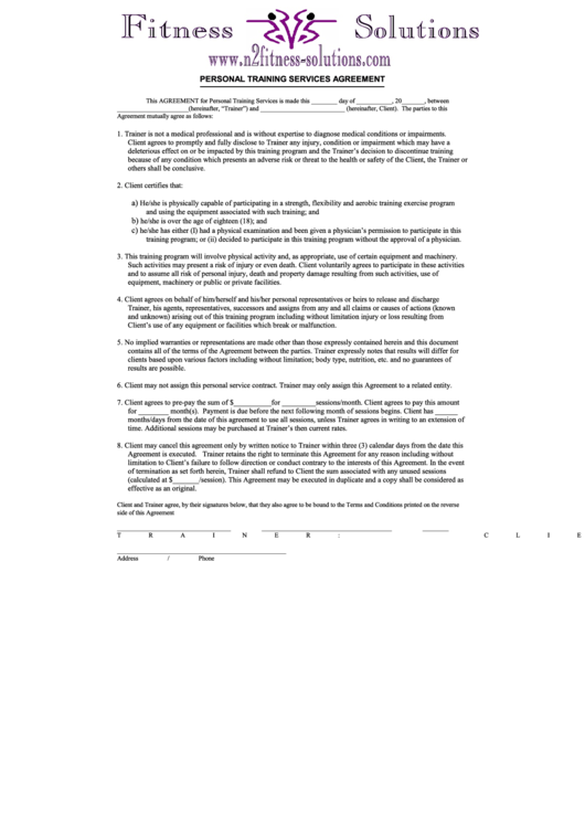 Personal Training Services Agreement Printable pdf