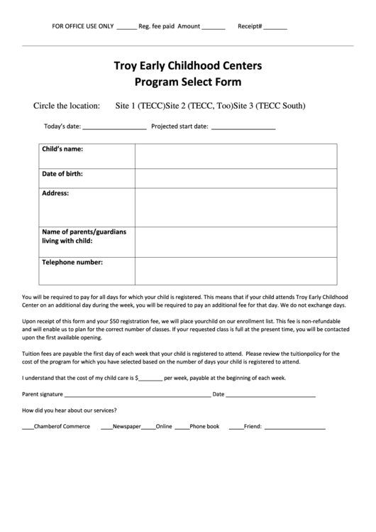Troy Early Childhood Centers Program Select Form Printable pdf
