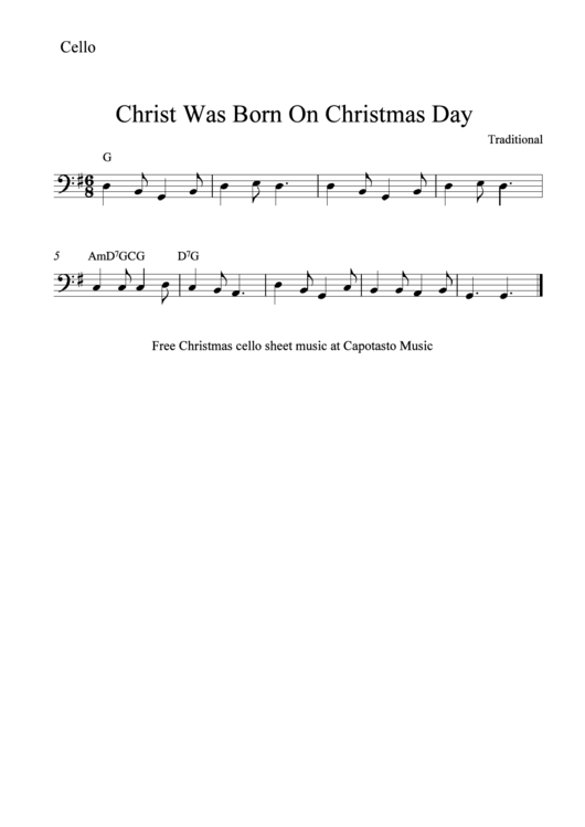 Christ Was Born On Christmas Day Cello Sheet Music Printable pdf