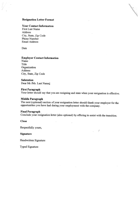 Resignation Letter Format Template Printable pdf