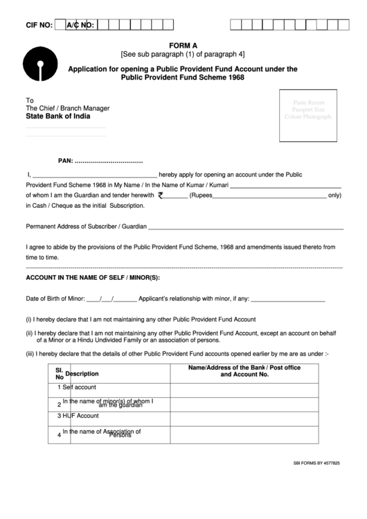 Application For Opening A Public Provident Fund Account Under The Public Provident Fund Scheme Form - 1968 (India) Printable pdf