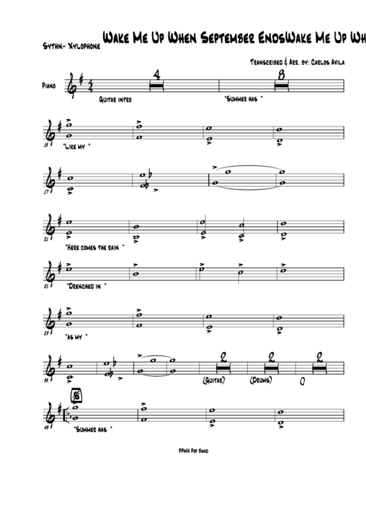Sythn-Xylophone Sheet Music: Wake Me When September Ends Printable pdf