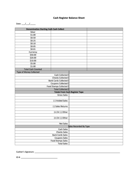 Cash Register Balance Sheet Template Printable pdf
